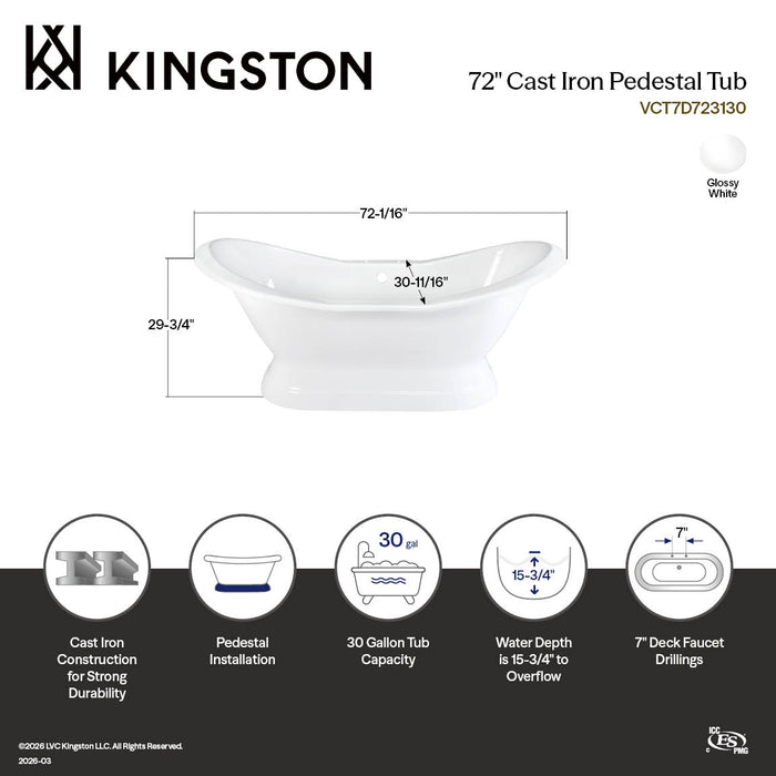 Kingston Heirloom VCT7D723130 - Aqua Eden 72-Inch Cast Iron Oval Double Slipper Pedestal Tub (7-Inch Faucet Drillings), White