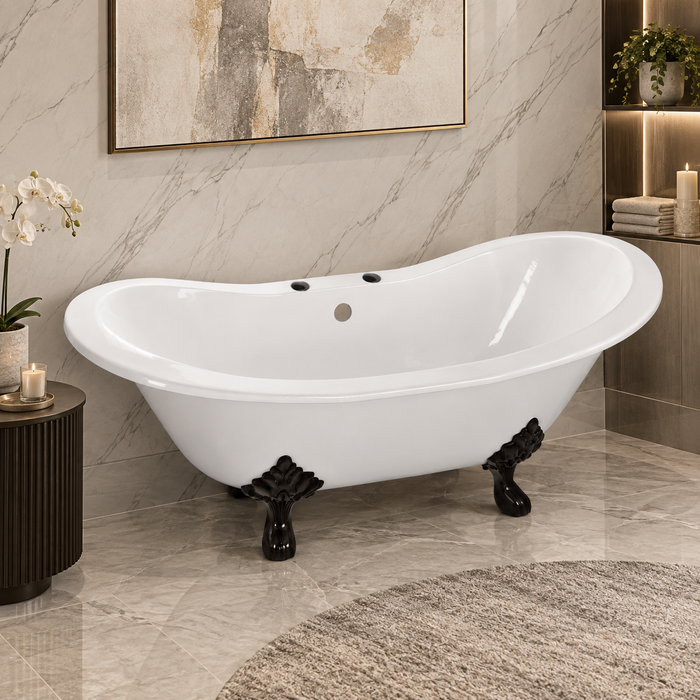 Kingston Heirloom VCT7D7231NC0 - Aqua Eden 72-Inch Cast Iron Oval Double Slipper Clawfoot Tub (7-Inch Faucet Drillings), White/Matte Black