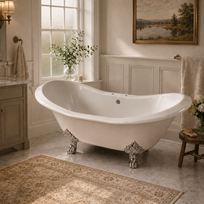 Kingston Heirloom VCT7D7231NC1 - Aqua Eden 72-Inch Cast Iron Oval Double Slipper Clawfoot Tub (7-Inch Faucet Drillings), White/Polished Chrome