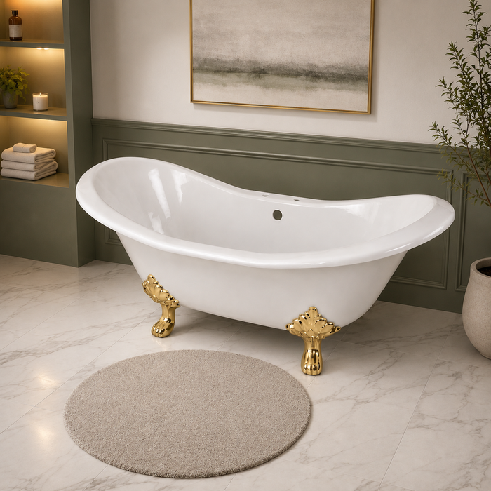 Kingston Heirloom VCT7D7231NC2 - Aqua Eden 72-Inch Cast Iron Oval Double Slipper Clawfoot Tub (7-Inch Faucet Drillings), White/Polished Brass