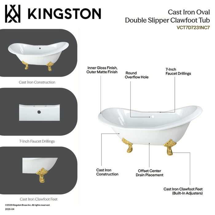 Kingston Heirloom VCT7D7231NC2 - Aqua Eden 72-Inch Cast Iron Oval Double Slipper Clawfoot Tub (7-Inch Faucet Drillings), White/Polished Brass