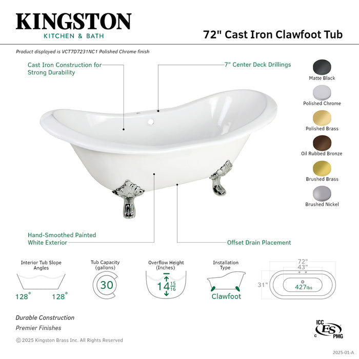 Kingston Heirloom VCT7D7231NC2 - Aqua Eden 72-Inch Cast Iron Oval Double Slipper Clawfoot Tub (7-Inch Faucet Drillings), White/Polished Brass