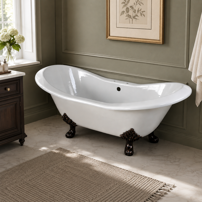 Kingston Heirloom VCT7D7231NC5 - Aqua Eden 72-Inch Cast Iron Oval Double Slipper Clawfoot Tub (7-Inch Faucet Drillings), White/Oil Rubbed Bronze