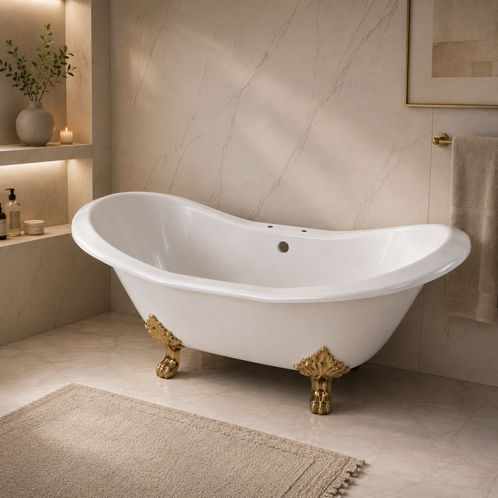 Kingston Heirloom VCT7D7231NC7 - Aqua Eden 72-Inch Cast Iron Oval Double Slipper Clawfoot Tub (7-Inch Faucet Drillings), White/Brushed Brass