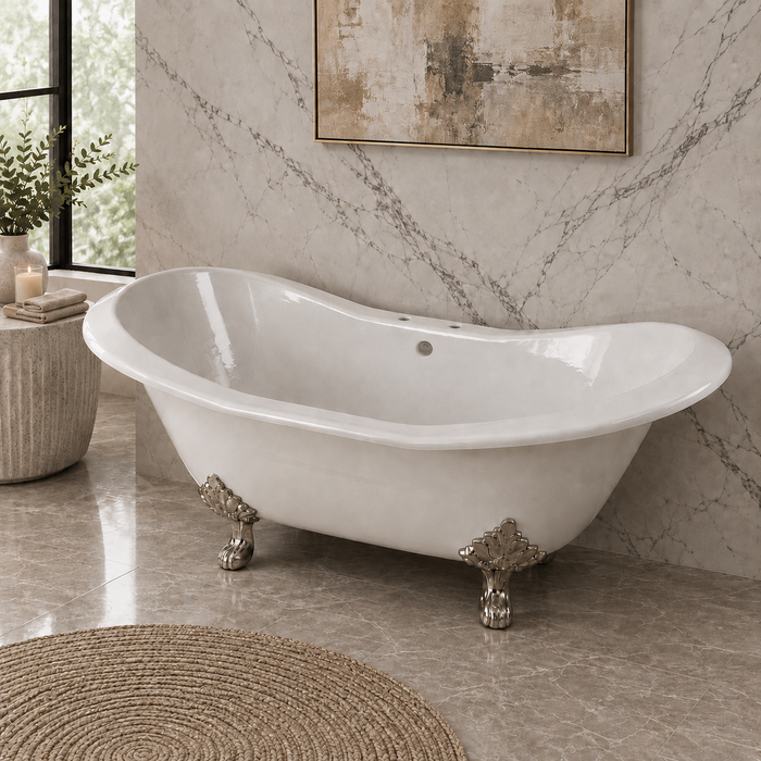 Kingston Heirloom VCT7D7231NC8 - Aqua Eden 72-Inch Cast Iron Oval Double Slipper Clawfoot Tub (7-Inch Faucet Drillings), White/Brushed Nickel