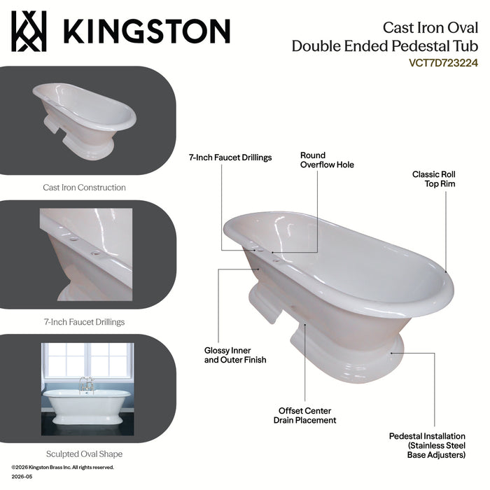 Kingston Heirloom VCT7D723224 - Aqua Eden 72-Inch Cast Iron Oval Double Ended Pedestal Tub (7-Inch Faucet Drillings), White
