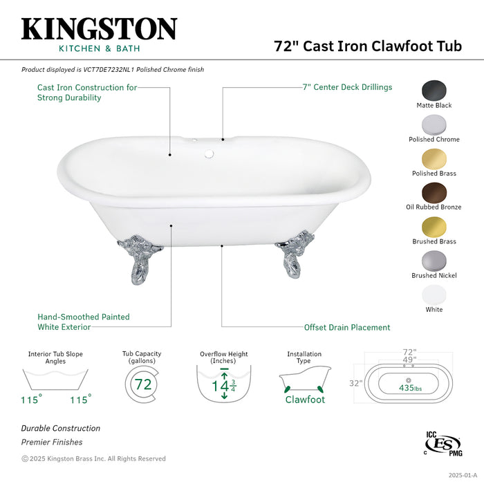 Kingston Heirloom VCT7DE7232NL0 - Aqua Eden 72-Inch Cast Iron Oval Double Ended Clawfoot Tub (7-Inch Faucet Drillings), White/Matte Black