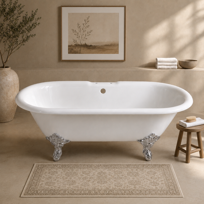 Kingston Heirloom VCT7DE7232NL1 - Aqua Eden 72-Inch Cast Iron Oval Double Ended Clawfoot Tub (7-Inch Faucet Drillings), White/Polished Chrome