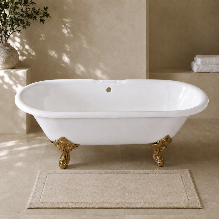 Kingston Heirloom VCT7DE7232NL2 - Aqua Eden 72-Inch Cast Iron Oval Double Ended Clawfoot Tub (7-Inch Faucet Drillings), White/Polished Brass