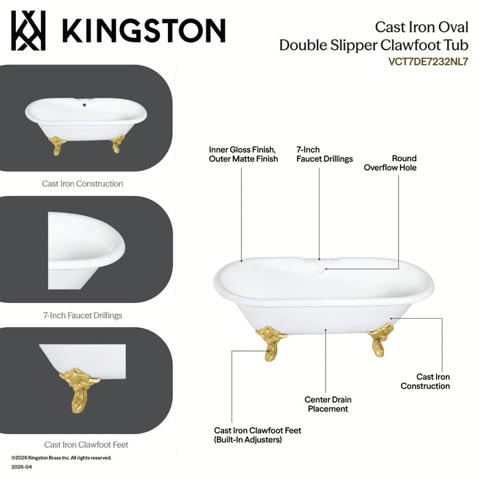 Kingston Heirloom VCT7DE7232NL7 - Aqua Eden 72-Inch Cast Iron Oval Double Ended Clawfoot Tub (7-Inch Faucet Drillings), White/Brushed Brass