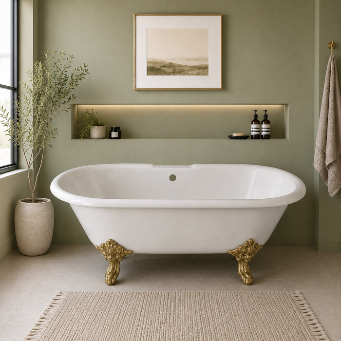 Kingston Heirloom VCT7DE7232NL7 - Aqua Eden 72-Inch Cast Iron Oval Double Ended Clawfoot Tub (7-Inch Faucet Drillings), White/Brushed Brass