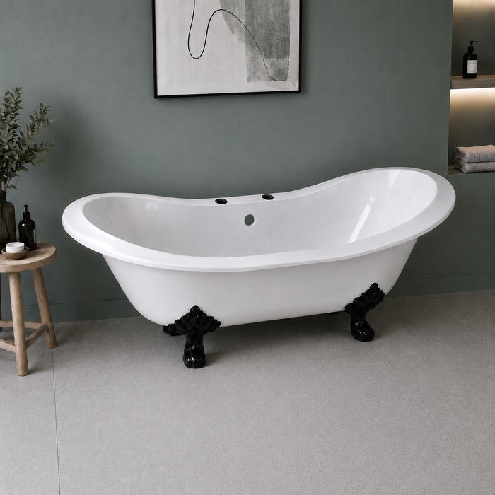 Kingston Heirloom VCT7DS6130NC0 - Aqua Eden 61-Inch Cast Iron Oval Double Slipper Clawfoot Tub (7-Inch Faucet Drillings), White/Matte Black
