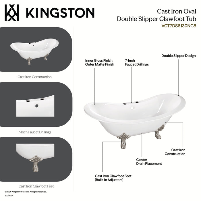 Kingston Heirloom VCT7DS6130NC0 - Aqua Eden 61-Inch Cast Iron Oval Double Slipper Clawfoot Tub (7-Inch Faucet Drillings), White/Matte Black