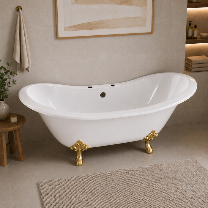 Kingston Heirloom VCT7DS6130NC2 - Aqua Eden 61-Inch Cast Iron Oval Double Slipper Clawfoot Tub (7-Inch Faucet Drillings), White/Polished Brass