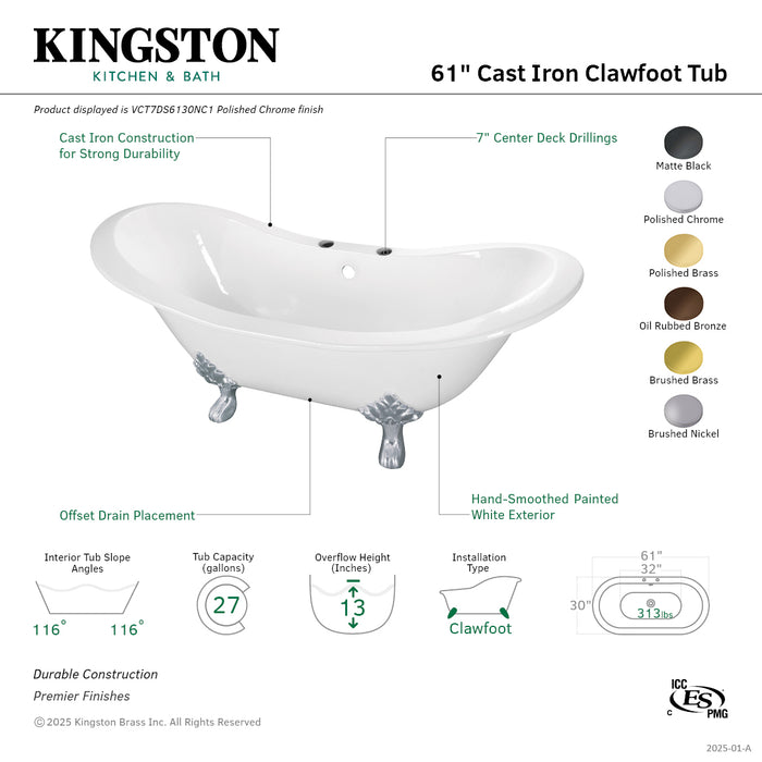 Kingston Heirloom VCT7DS6130NC2 - Aqua Eden 61-Inch Cast Iron Oval Double Slipper Clawfoot Tub (7-Inch Faucet Drillings), White/Polished Brass
