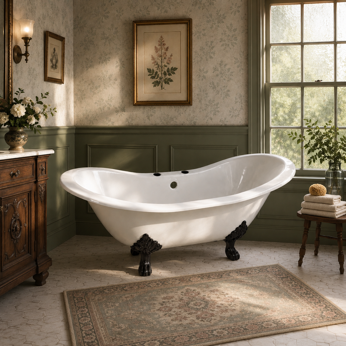 Kingston Heirloom VCT7DS6130NC5 - Aqua Eden 61-Inch Cast Iron Oval Double Slipper Clawfoot Tub (7-Inch Faucet Drillings), White/Oil Rubbed Bronze