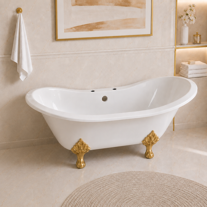 Kingston Heirloom VCT7DS6130NC7 - Aqua Eden 61-Inch Cast Iron Oval Double Slipper Clawfoot Tub (7-Inch Faucet Drillings), White/Brushed Brass