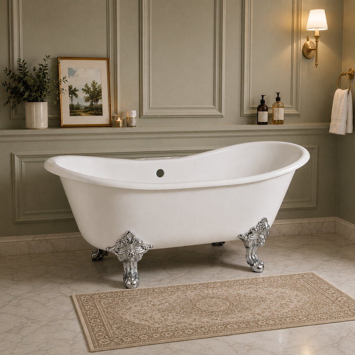 Kingston Heirloom VCT7DS6731NL1 - Aqua Eden 67-Inch Cast Iron Oval Double Slipper Clawfoot Tub (7-Inch Faucet Drillings), White/Polished Chrome