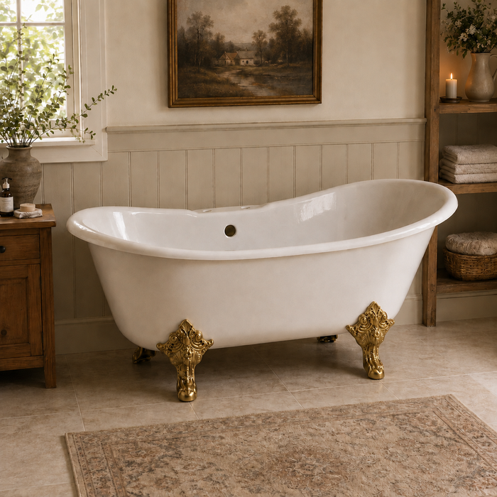 Kingston Heirloom VCT7DS6731NL2 - Aqua Eden 67-Inch Cast Iron Oval Double Slipper Clawfoot Tub (7-Inch Faucet Drillings), White/Polished Brass