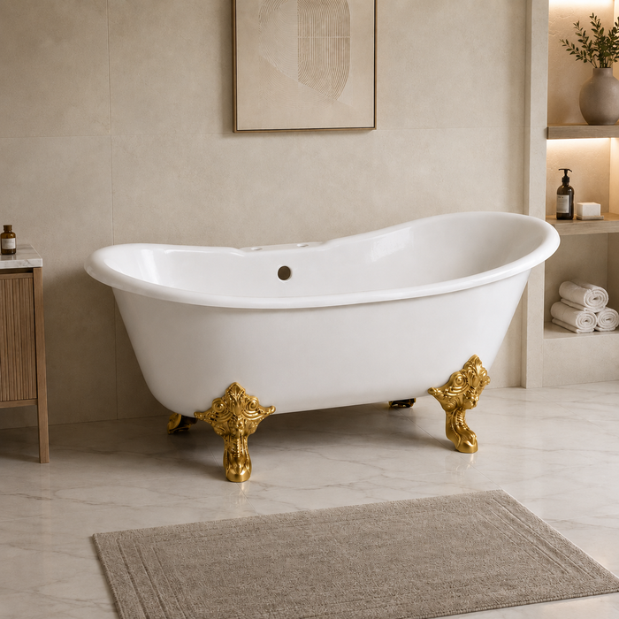 Kingston Heirloom VCT7DS6731NL7 - Aqua Eden 67-Inch Cast Iron Oval Double Slipper Clawfoot Tub (7-Inch Faucet Drillings), White/Brushed Brass