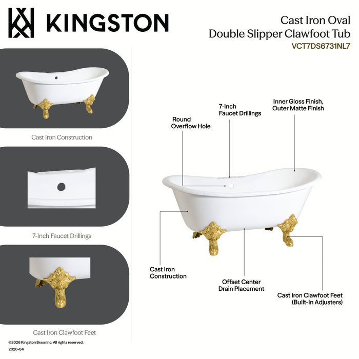 Kingston Heirloom VCT7DS6731NL7 - Aqua Eden 67-Inch Cast Iron Oval Double Slipper Clawfoot Tub (7-Inch Faucet Drillings), White/Brushed Brass