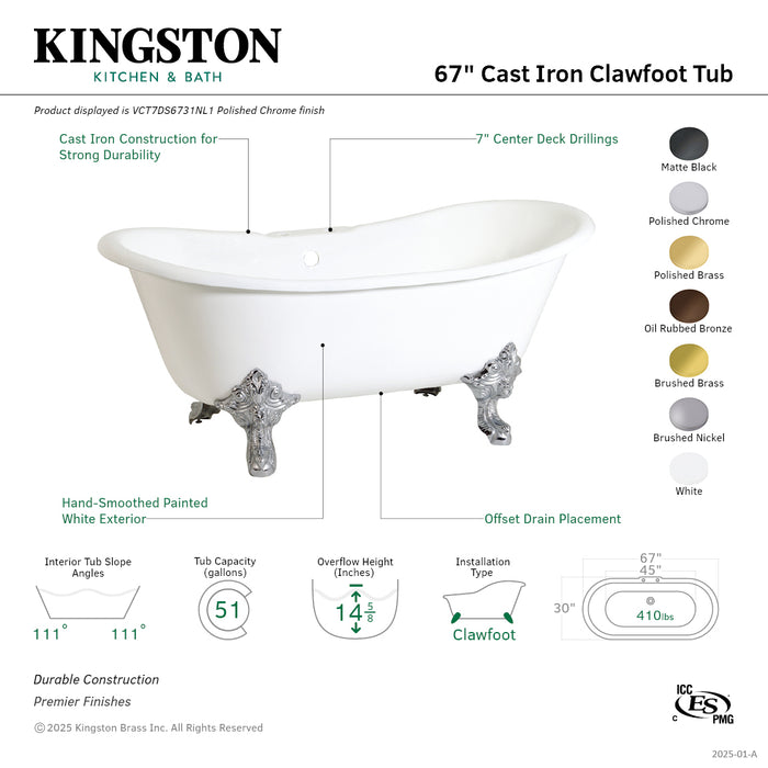 Kingston Heirloom VCT7DS6731NL7 - Aqua Eden 67-Inch Cast Iron Oval Double Slipper Clawfoot Tub (7-Inch Faucet Drillings), White/Brushed Brass
