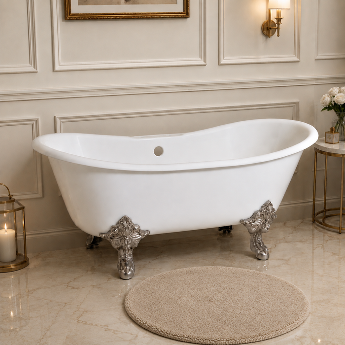 Kingston Heirloom VCT7DS6731NL8 - Aqua Eden 67-Inch Cast Iron Oval Double Slipper Clawfoot Tub (7-Inch Faucet Drillings), White/Brushed Nickel