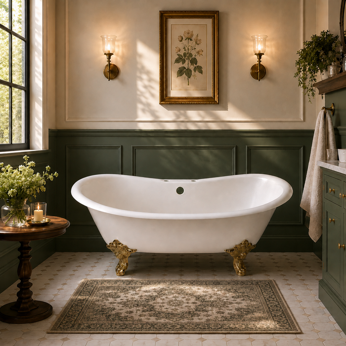 Kingston Heirloom VCT7DS7231NL2 - Aqua Eden 72-Inch Cast Iron Oval Double Slipper Clawfoot Tub (7-Inch Faucet Drillings), White/Polished Brass