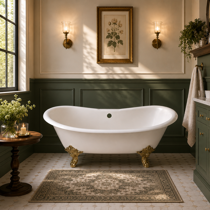 Kingston Heirloom VCT7DS7231NL2 - Aqua Eden 72-Inch Cast Iron Oval Double Slipper Clawfoot Tub (7-Inch Faucet Drillings), White/Polished Brass