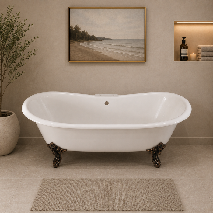Kingston Heirloom VCT7DS7231NL5 - Aqua Eden 72-Inch Cast Iron Oval Double Slipper Clawfoot Tub (7-Inch Faucet Drillings), White/Oil Rubbed Bronze