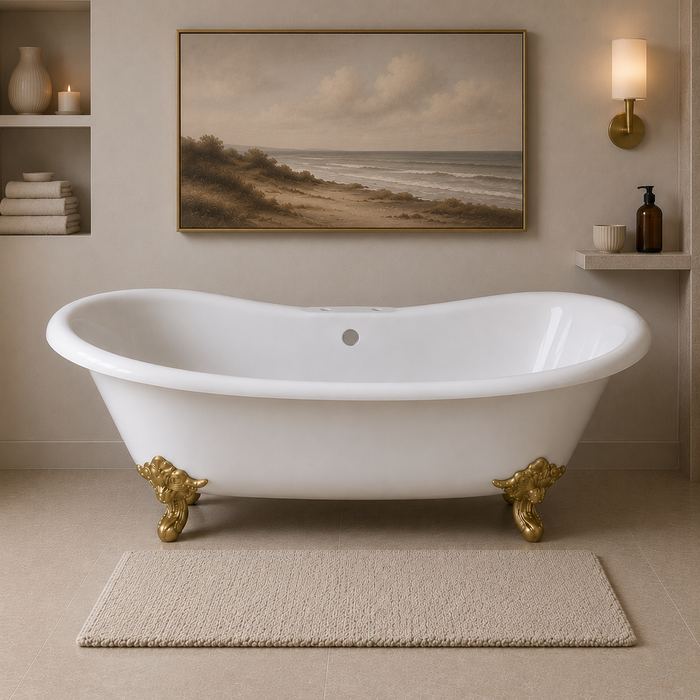 Kingston Heirloom VCT7DS7231NL7 - Aqua Eden 72-Inch Cast Iron Oval Double Slipper Clawfoot Tub (7-Inch Faucet Drillings), White/Brushed Brass