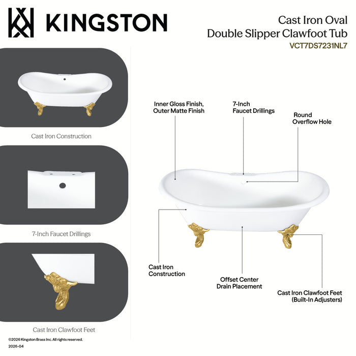 Kingston Heirloom VCT7DS7231NL7 - Aqua Eden 72-Inch Cast Iron Oval Double Slipper Clawfoot Tub (7-Inch Faucet Drillings), White/Brushed Brass
