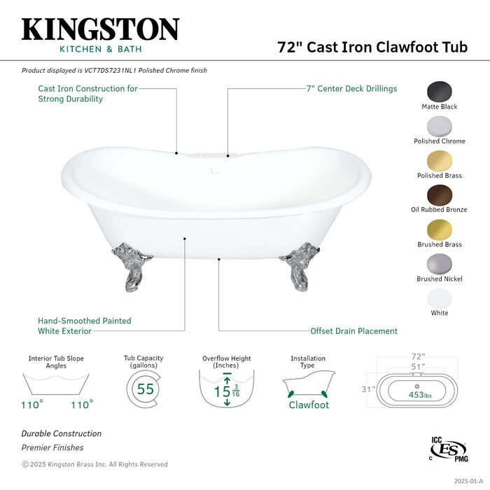 Kingston Heirloom VCT7DS7231NL7 - Aqua Eden 72-Inch Cast Iron Oval Double Slipper Clawfoot Tub (7-Inch Faucet Drillings), White/Brushed Brass