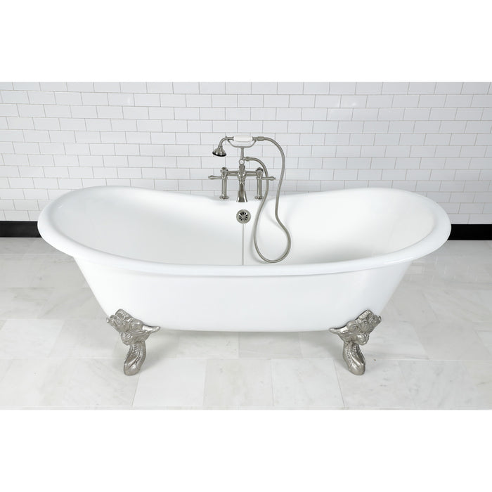 Aqua Eden VCT7DS7231NL8 72-Inch Cast Iron Oval Double Slipper Clawfoot Tub (7-Inch Faucet Drillings), White/Brushed Nickel