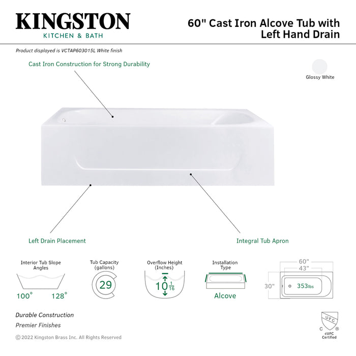 Kingston Tulare VCTAP603015L - Aqua Eden 60-Inch Cast Iron Rectangular 3-Wall Alcove Tub, Left Drain Hole, White