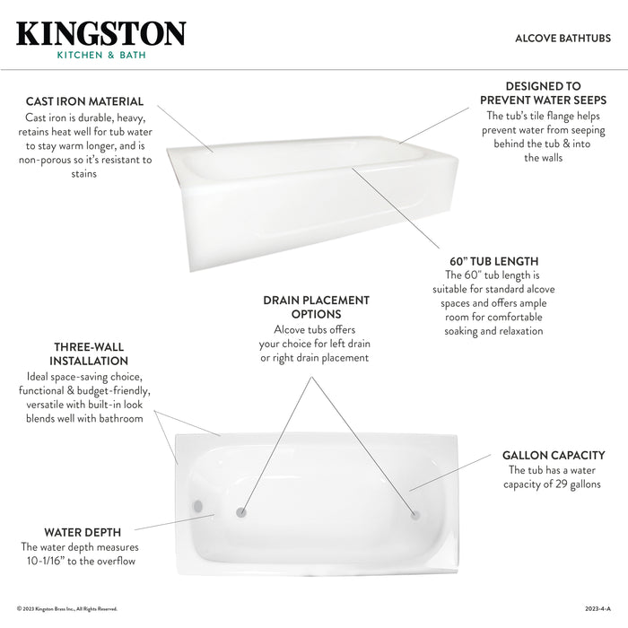 Kingston Tulare VCTAP603015L - Aqua Eden 60-Inch Cast Iron Rectangular 3-Wall Alcove Tub, Left Drain Hole, White