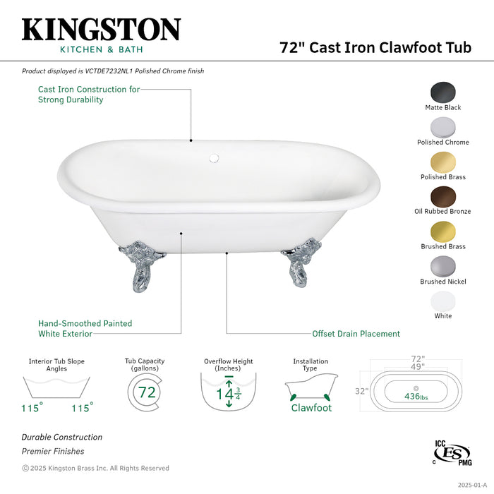 Kingston Heirloom VCTDE7232NL0 - Aqua Eden 72-Inch Cast Iron Oval Double Ended Clawfoot Tub (No Faucet Drillings), White/Matte Black