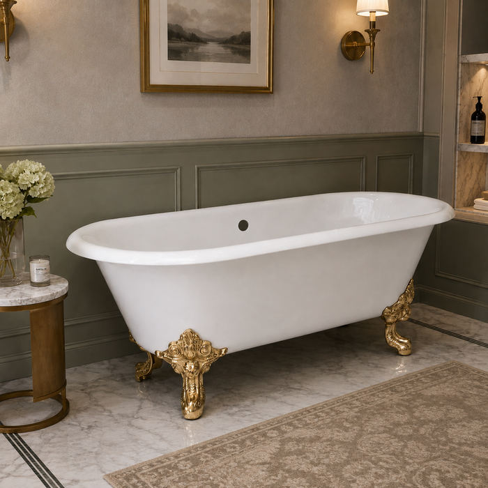 Kingston Heirloom VCTDE7232NL2 - Aqua Eden 72-Inch Cast Iron Oval Double Ended Clawfoot Tub (No Faucet Drillings), White/Polished Brass