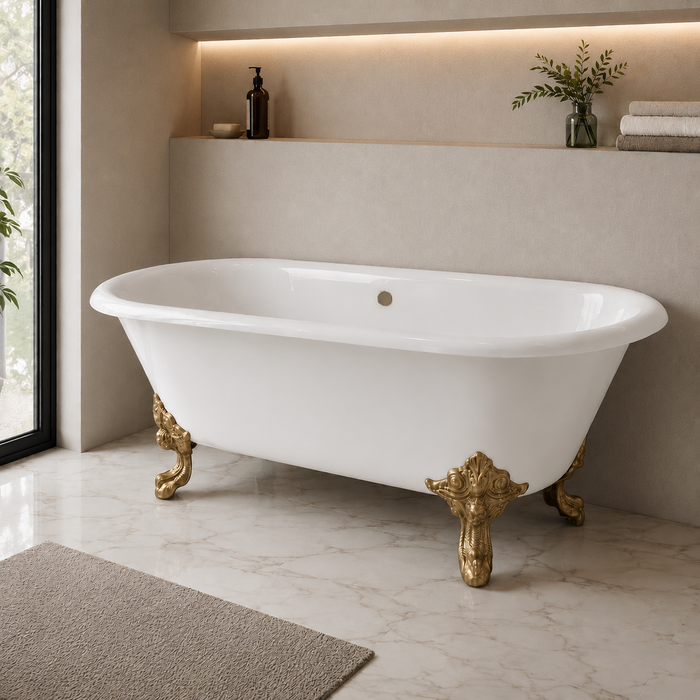 Kingston Heirloom VCTDE7232NL7 - Aqua Eden 72-Inch Cast Iron Oval Double Ended Clawfoot Tub (No Faucet Drillings), White/Brushed Brass