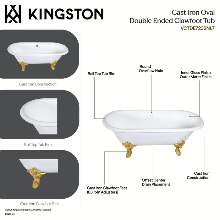 Kingston Heirloom VCTDE7232NL7 - Aqua Eden 72-Inch Cast Iron Oval Double Ended Clawfoot Tub (No Faucet Drillings), White/Brushed Brass
