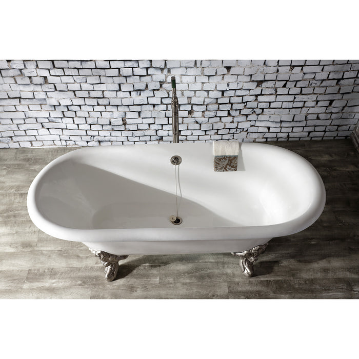 Kingston Heirloom VCTDE7232NL8 - Aqua Eden 72-Inch Cast Iron Oval Double Ended Clawfoot Tub (No Faucet Drillings), White/Brushed Nickel