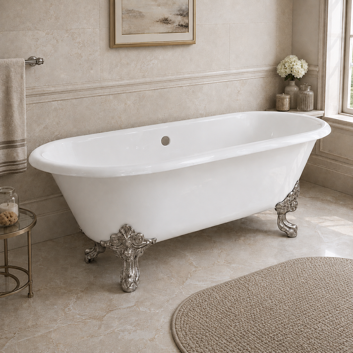 Kingston Heirloom VCTDE7232NL8 - Aqua Eden 72-Inch Cast Iron Oval Double Ended Clawfoot Tub (No Faucet Drillings), White/Brushed Nickel