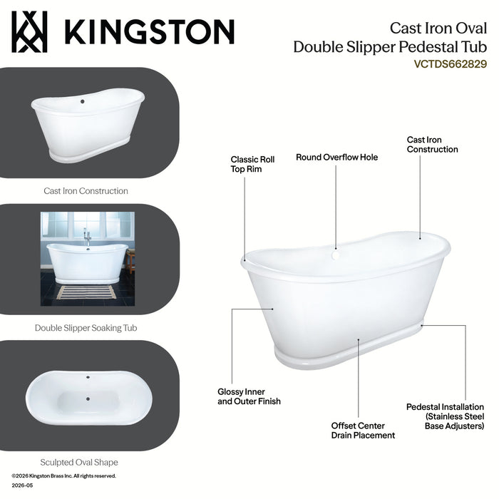 Kingston Heirloom VCTDS662829 - Aqua Eden 66-Inch Cast Iron Oval Double Slipper Pedestal Tub (No Faucet Drillings), White