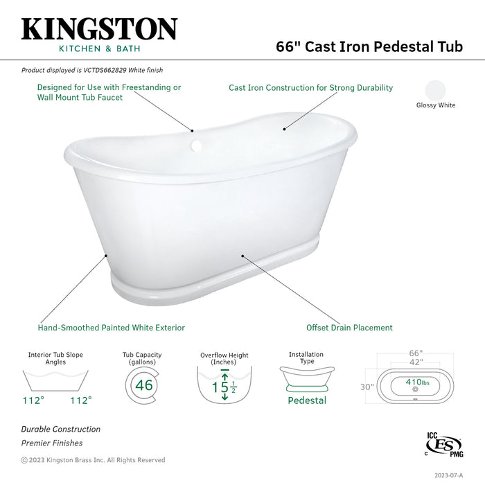 Kingston Heirloom VCTDS662829 - Aqua Eden 66-Inch Cast Iron Oval Double Slipper Pedestal Tub (No Faucet Drillings), White