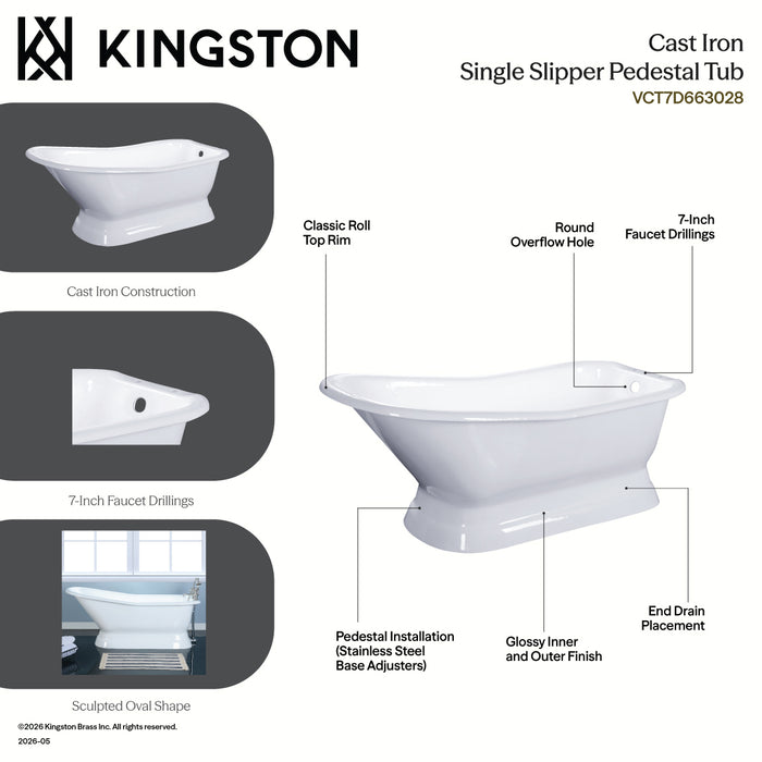 Kingston Heirloom VCTDS723129 - Aqua Eden 72-Inch Cast Iron Oval Double Slipper Pedestal Tub (No Faucet Drillings), White
