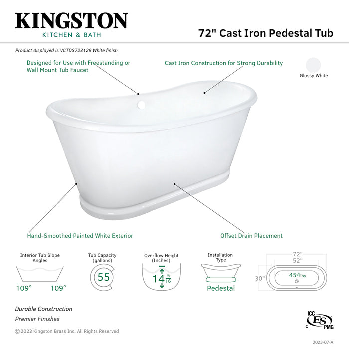 Kingston Heirloom VCTDS723129 - Aqua Eden 72-Inch Cast Iron Oval Double Slipper Pedestal Tub (No Faucet Drillings), White