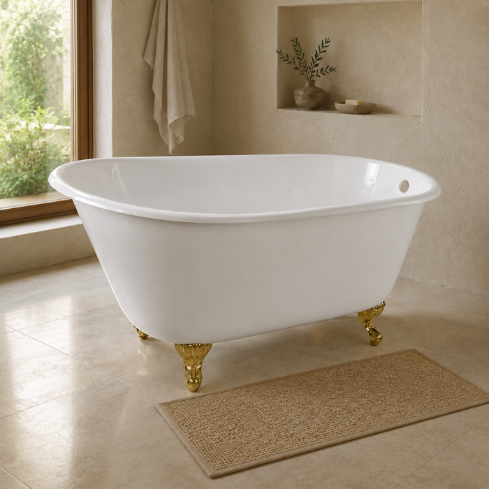 Kingston Heirloom VCTND4828NT2 - Onamia 48-Inch Cast Iron Oval Single Slipper Clawfoot Tub (No Faucet Drillings), White/Polished Brass