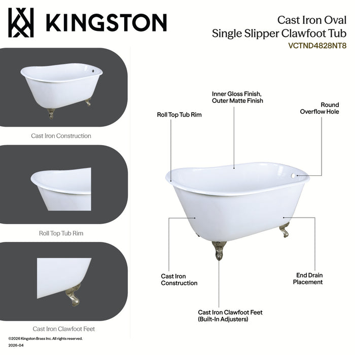 Kingston Heirloom VCTND4828NT2 - Onamia 48-Inch Cast Iron Oval Single Slipper Clawfoot Tub (No Faucet Drillings), White/Polished Brass