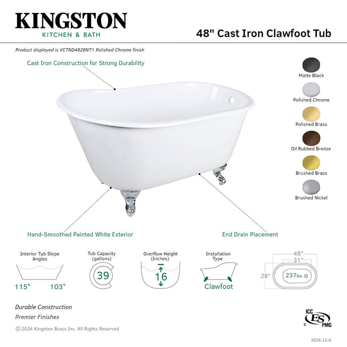 Kingston Heirloom VCTND4828NT2 - Onamia 48-Inch Cast Iron Oval Single Slipper Clawfoot Tub (No Faucet Drillings), White/Polished Brass