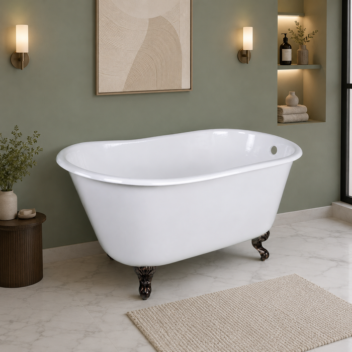 Kingston Heirloom VCTND4828NT5 - Onamia 48-Inch Cast Iron Oval Single Slipper Clawfoot Tub (No Faucet Drillings), White/Oil Rubbed Bronze